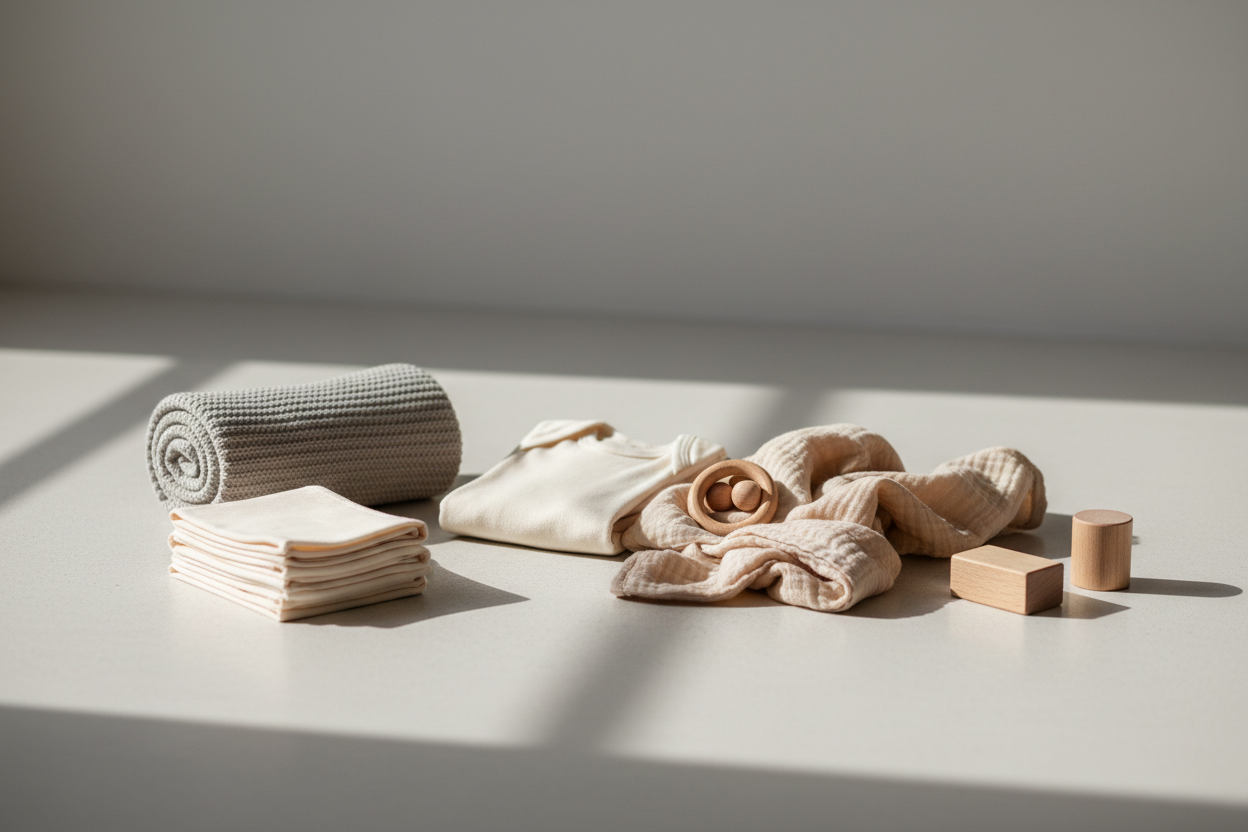 create image to represent this content: How We Think
We design newborn essentials for real life in the first year — useful, comfortable, and made to be chosen with confidence.
Everything has a purpose.
Nothing is rushed.
Nothing is louder than it needs to be.
Simple. Considered. Gift-ready — and made for everyday use.